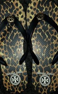 Tory Burch Black Wildlife Print flip flops